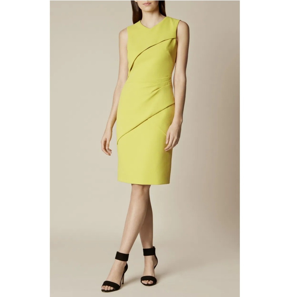 Karen Millen Chartreuse Yellow Asymmetrical Draped Sheath Dress DA071 UK 12 US 8